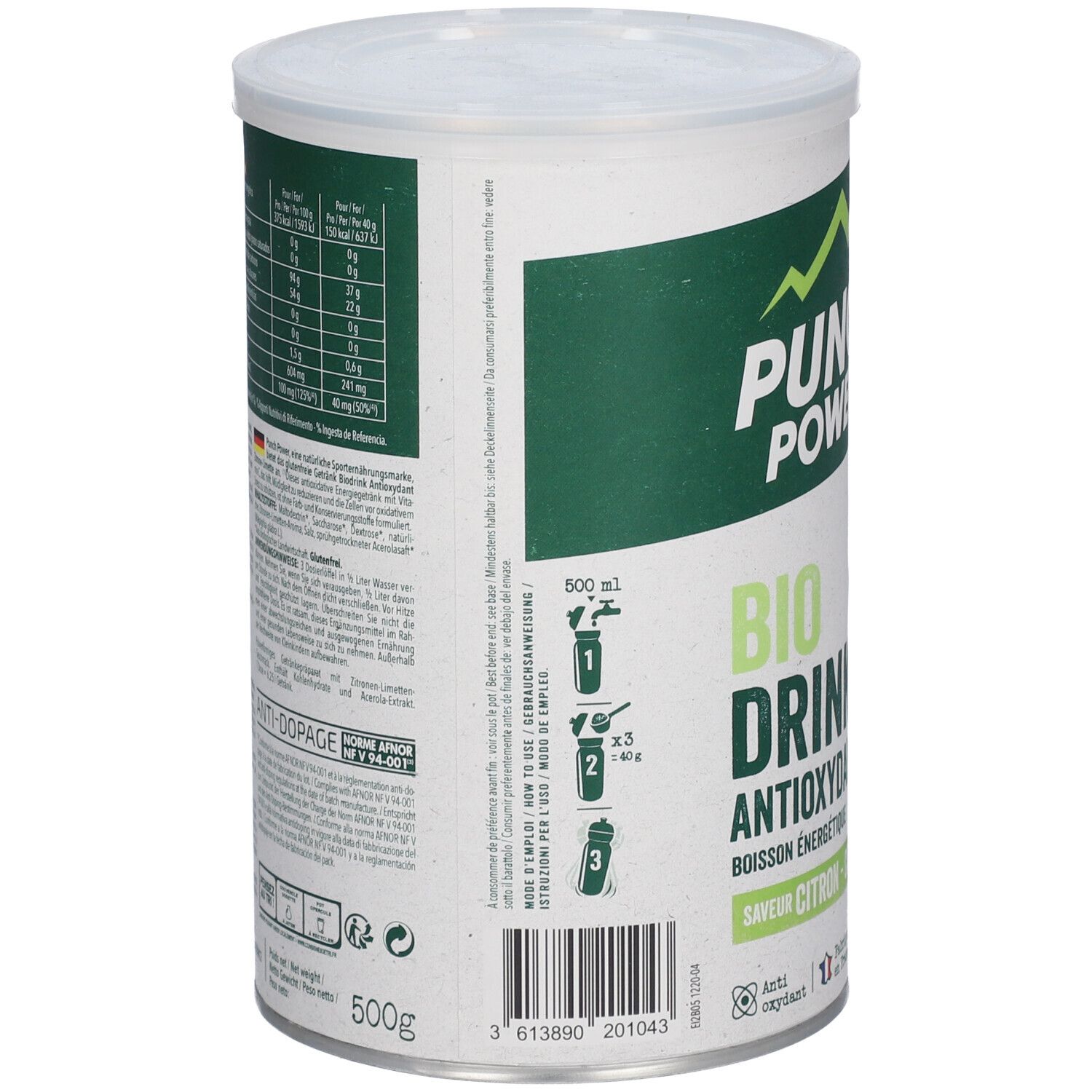 Arrière d'une boîte PUNCH POWER Bio Drink Citron-Vert, 500g. Avec tableau nutritionnel et instructions de préparation.