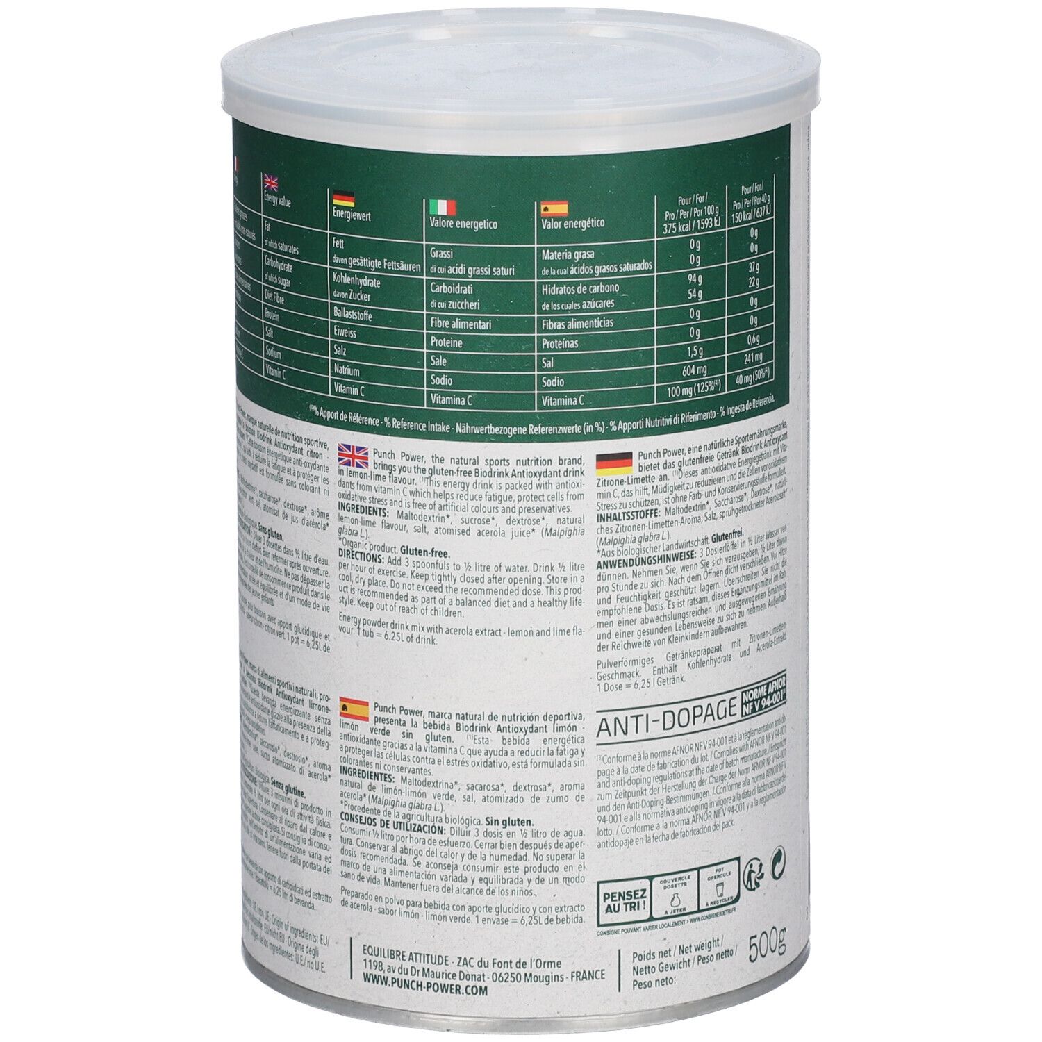 Arrière d'une boîte PUNCH POWER Bio Drink Citron-Vert, 500g. Avec instructions d'utilisation détaillées et ingrédients.