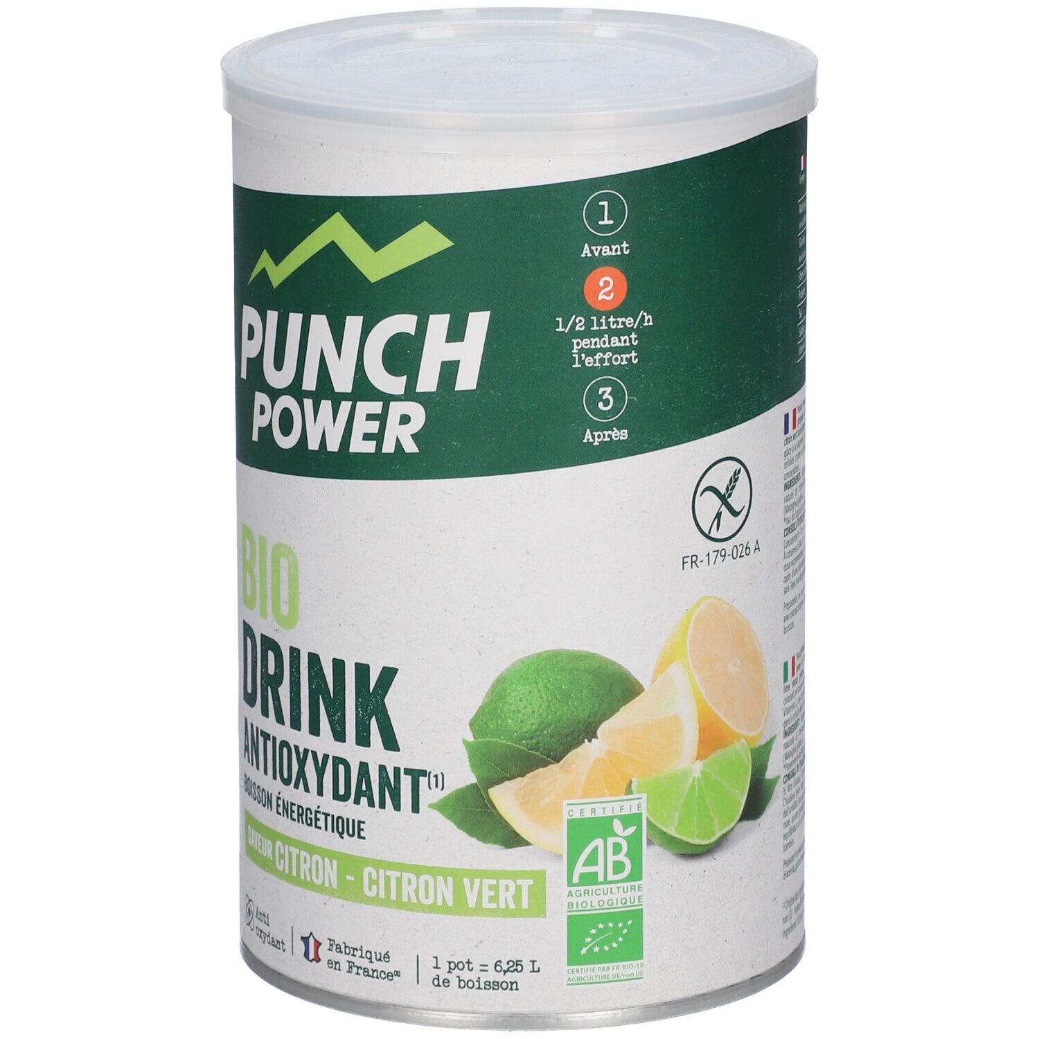 Boîte PUNCH POWER Bio Drink Citron-Vert, 500g. Avec tranches de citron et de citron vert et label Bio.