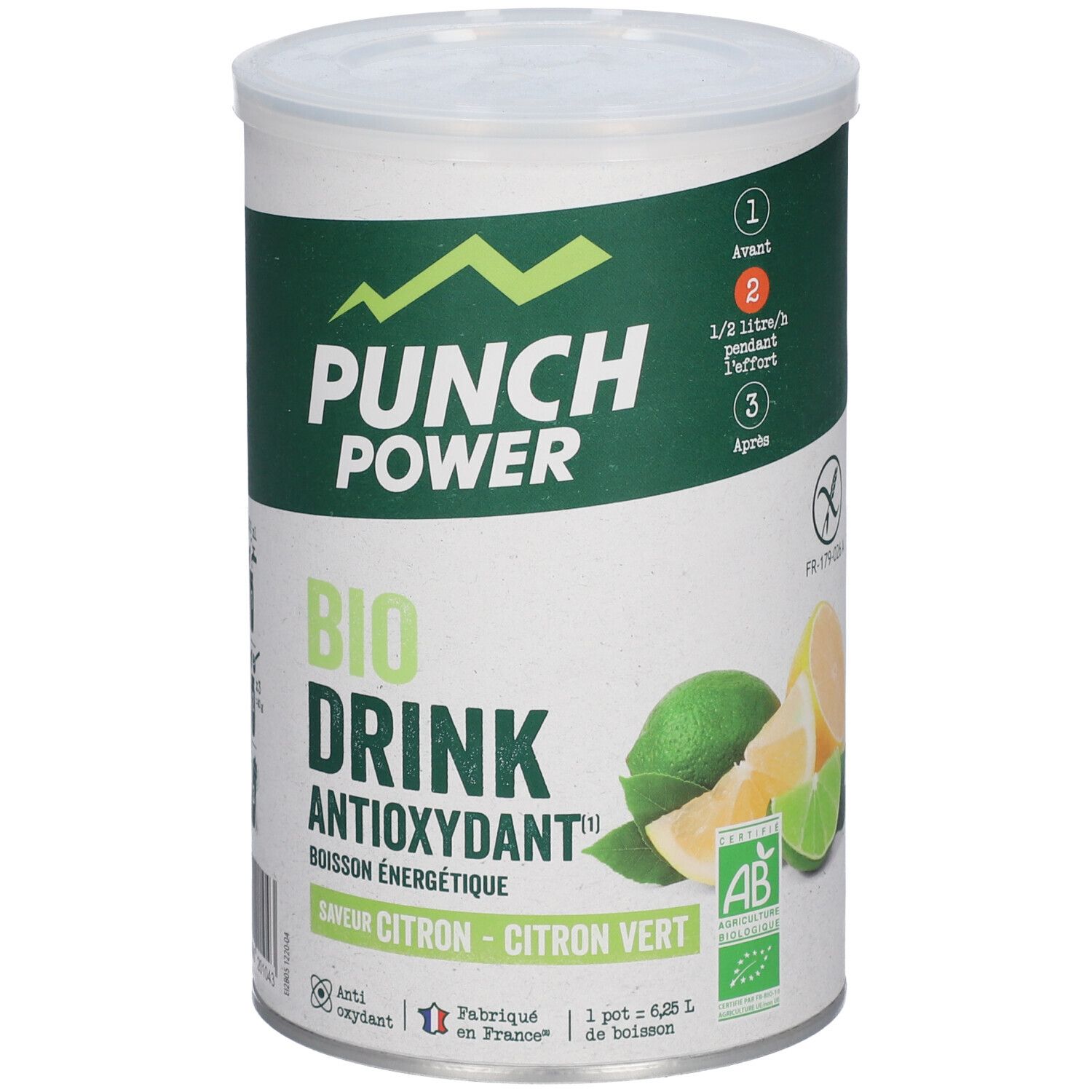 Boîte PUNCH POWER Bio Drink Citron-Vert, 500g. Avec tranches de citron et de citron vert et label Bio.