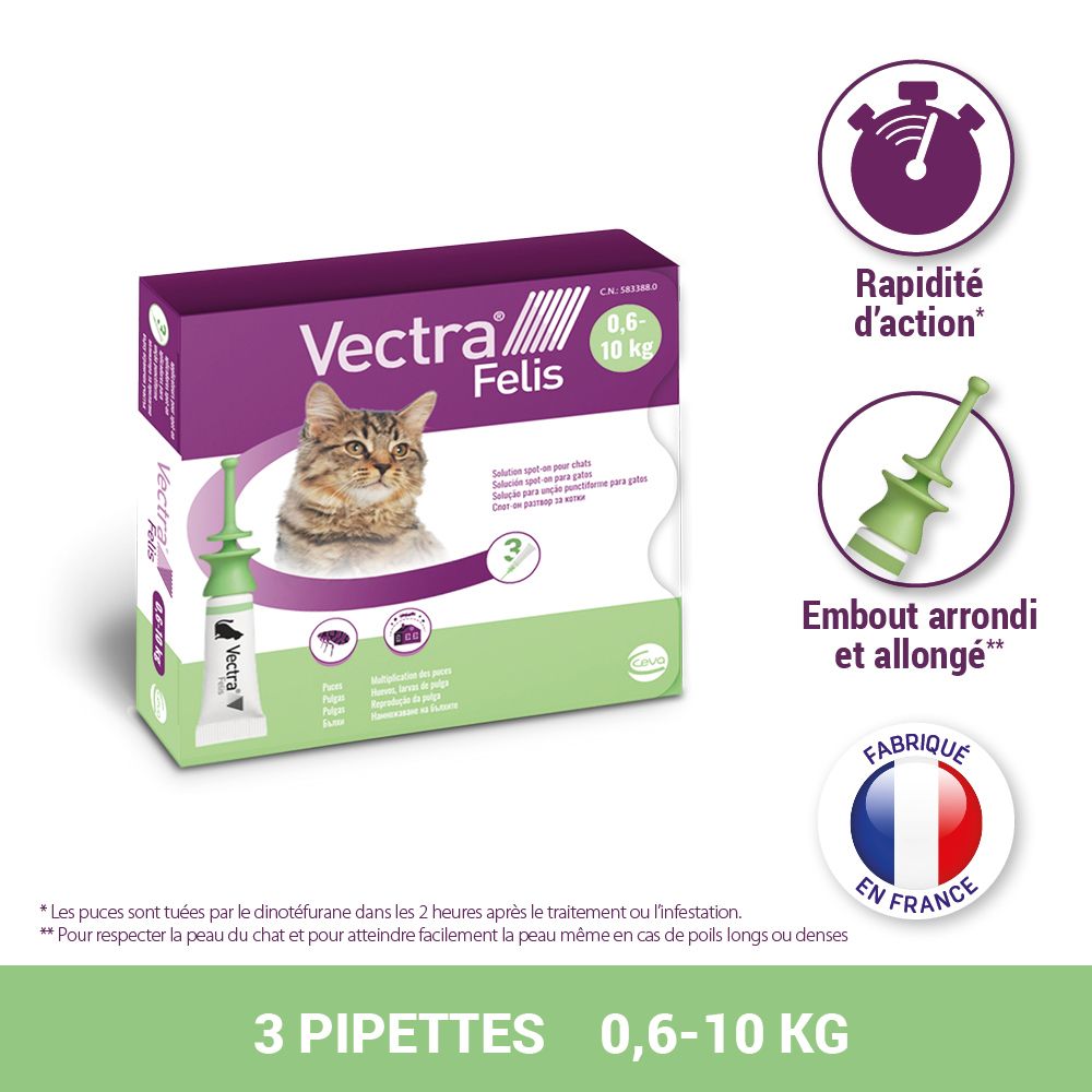 Emballage Vectra Felis. 3 pipettes, 0,6-10 kg. Illustration d'une pipette. Fabriqué en France.