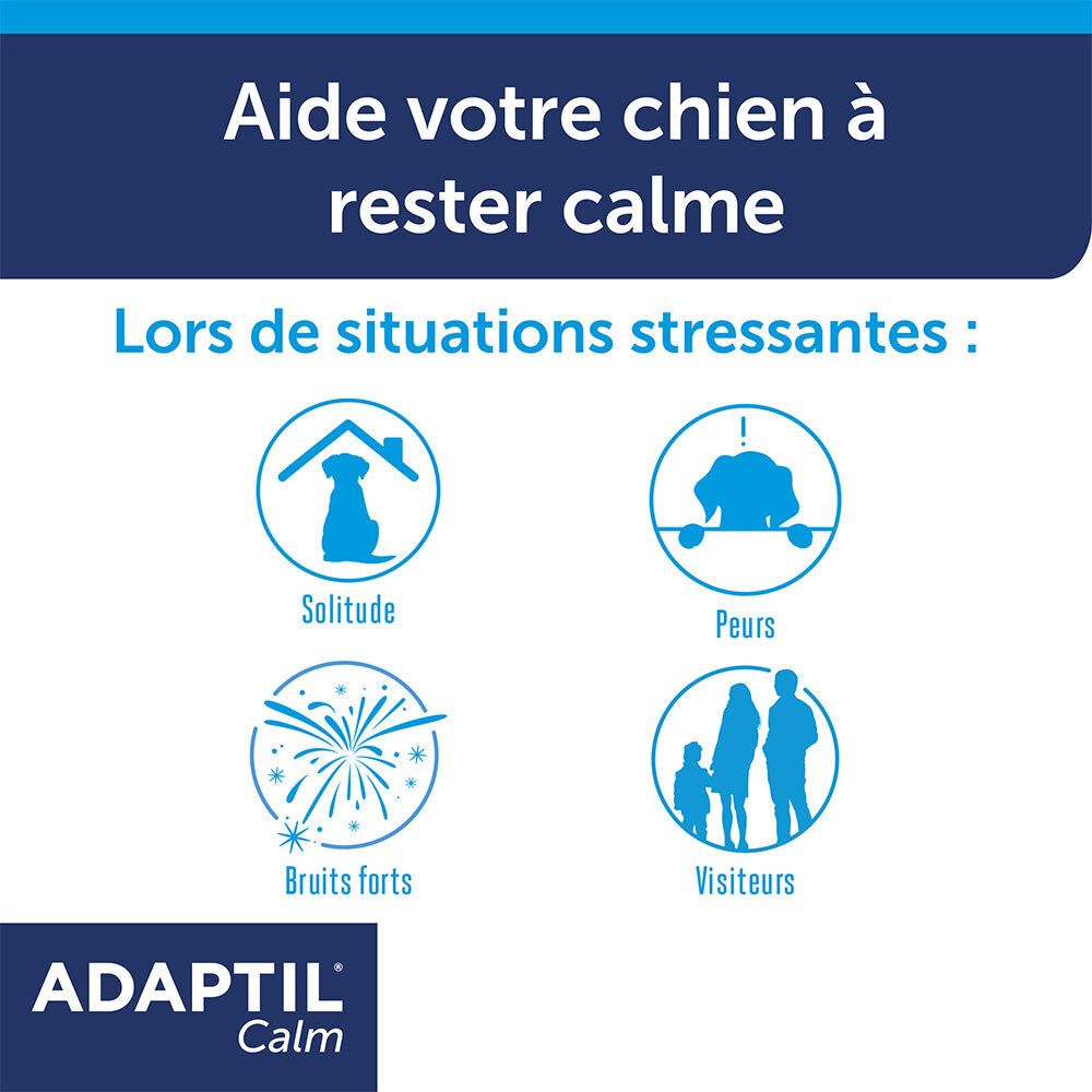 Adaptil Calm. Illustrations des situations stressantes pour les chiens : solitude, peurs, bruits forts, visiteurs.