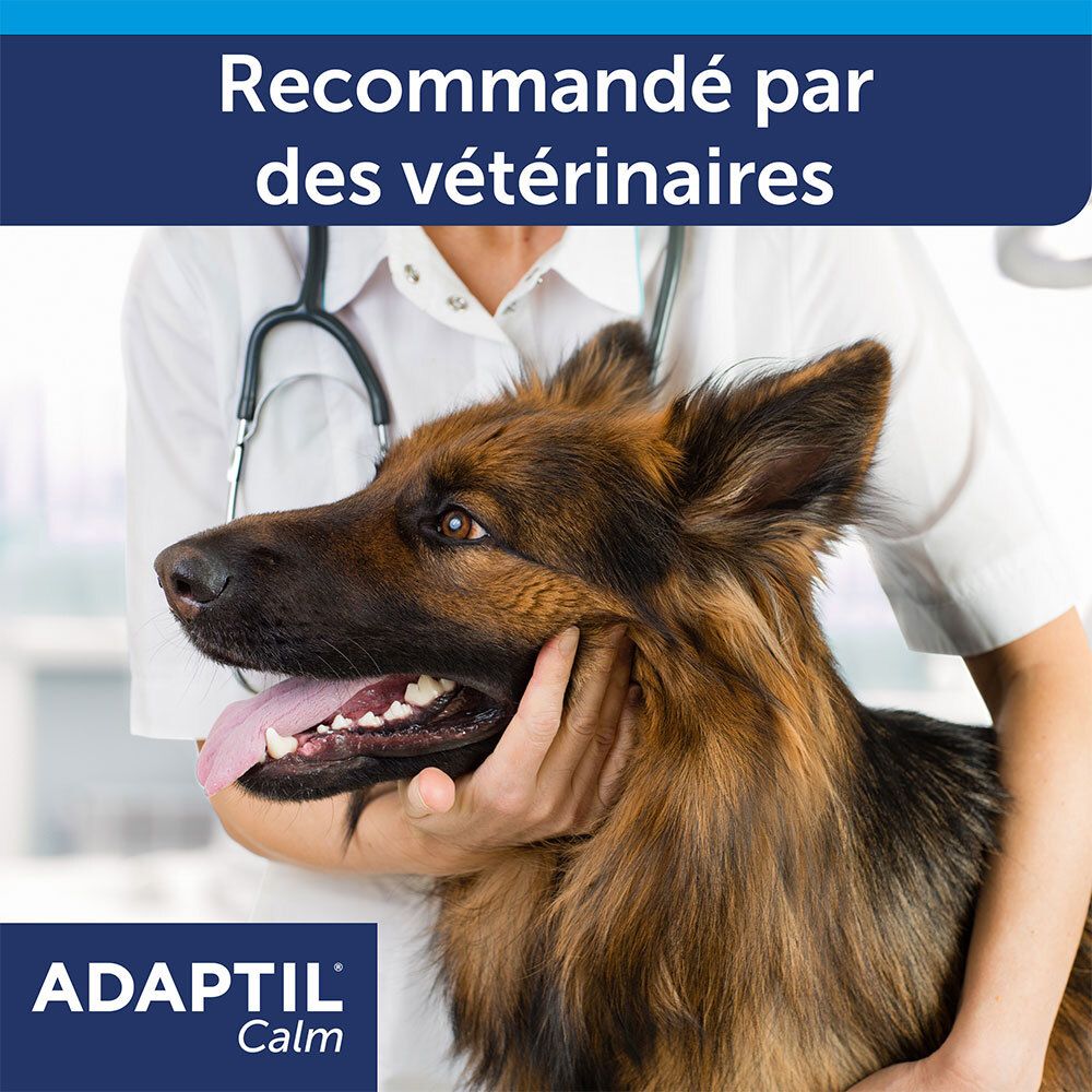 Emballage Adaptil Calm. Contient des avertissements et des ingrédients. Recharge 30 jours. 48 ml.