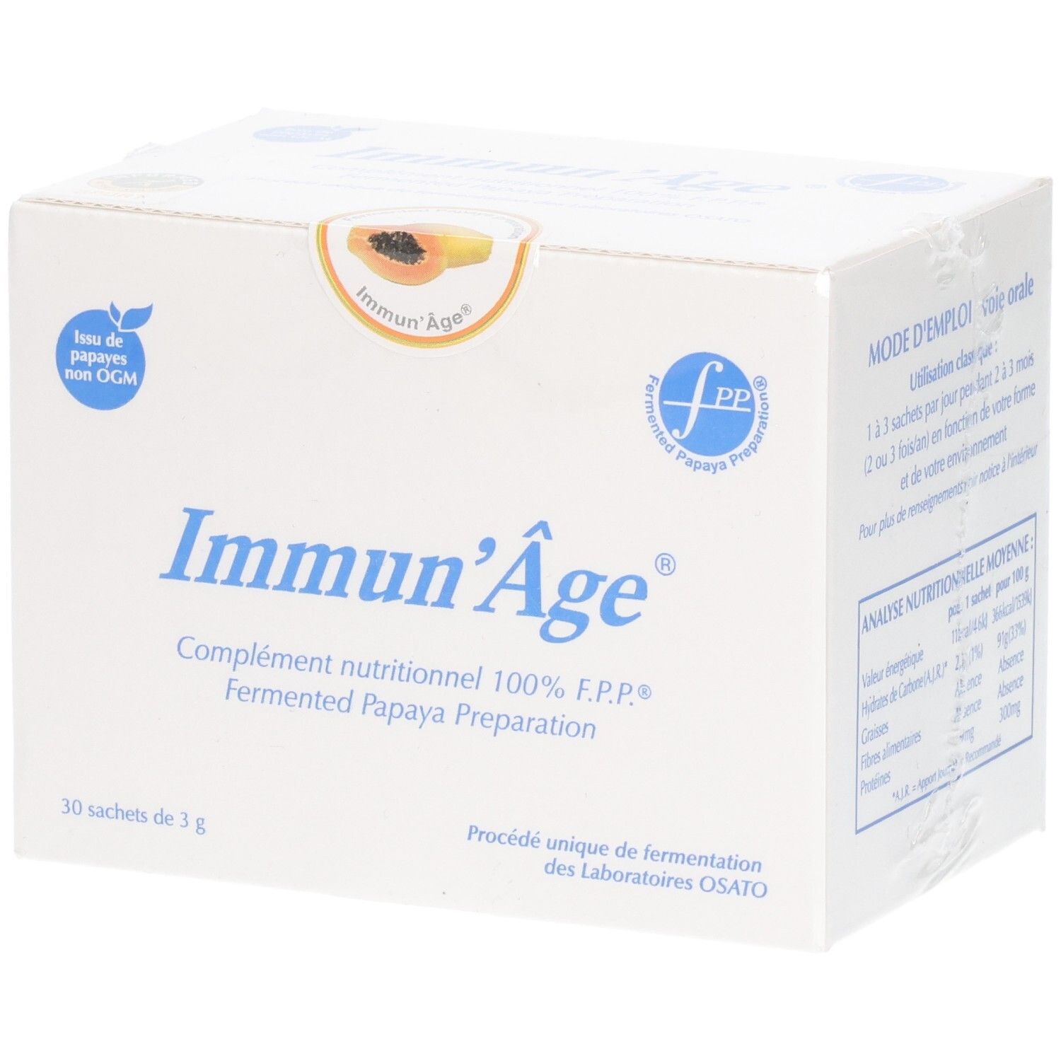 Boîte blanche "Immun'Âge". Contient 30 sachets de 3 g. Inscription: Complément nutritionnel, préparation de papaye fermentée. Logo "fpp".