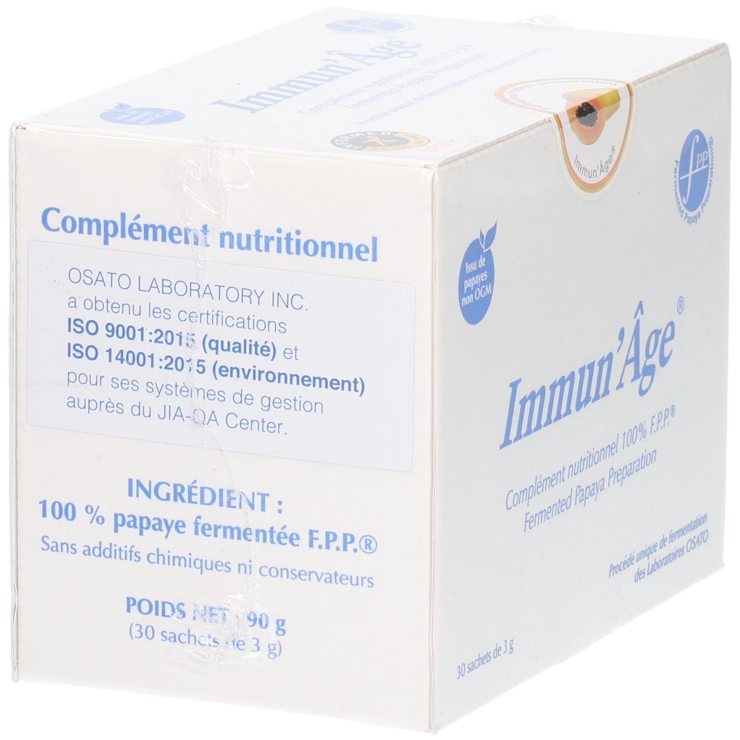 Boîte blanche "Immun'Âge". Inscription: Complément nutritionnel, 100% papaye fermentée. Fabricant: OSATO LABORATORY INC. Certifications ISO.