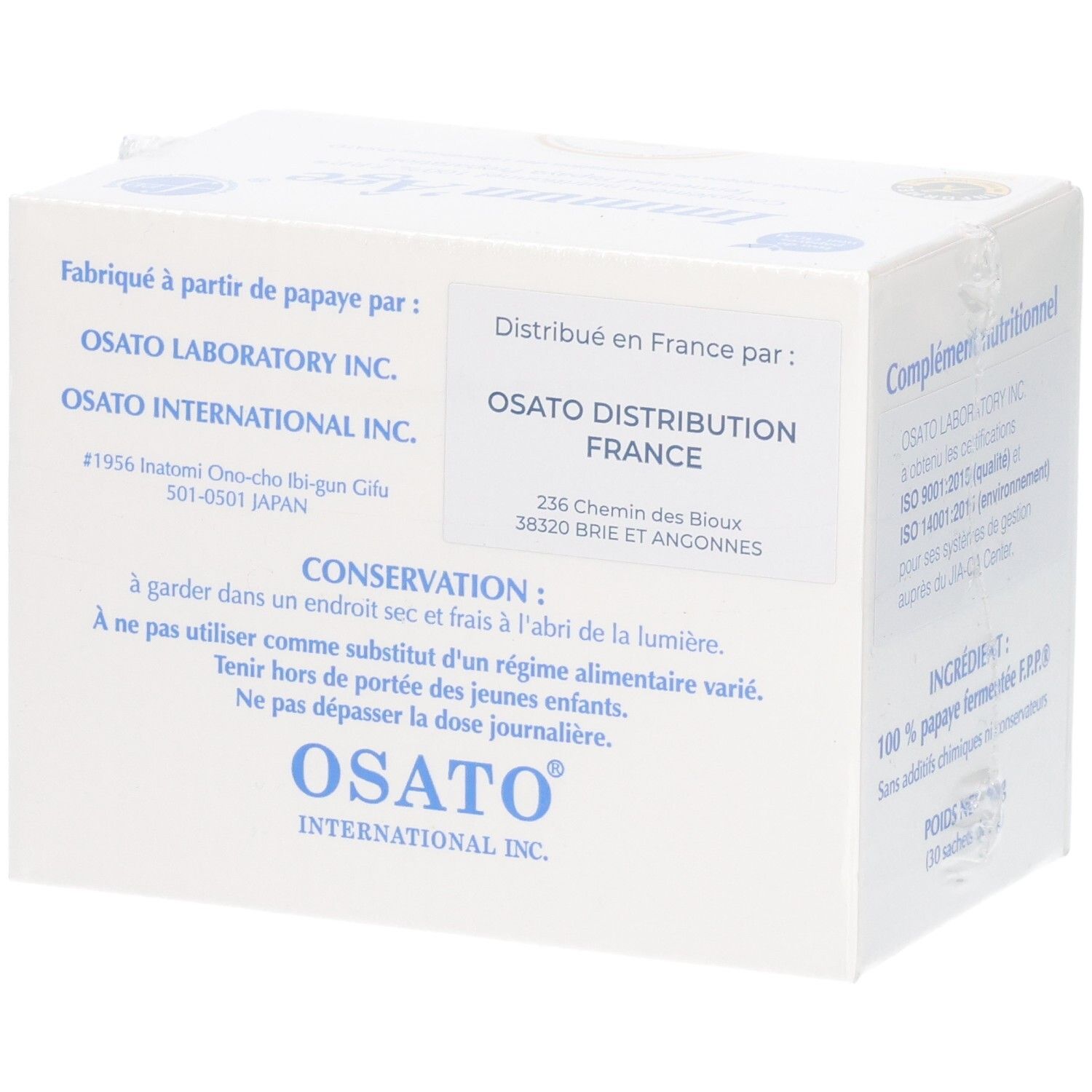 Boîte blanche avec texte. Fabricant: OSATO INTERNATIONAL INC. Distribué en France par OSATO DISTRIBUTION FRANCE. Conseils de conservation.