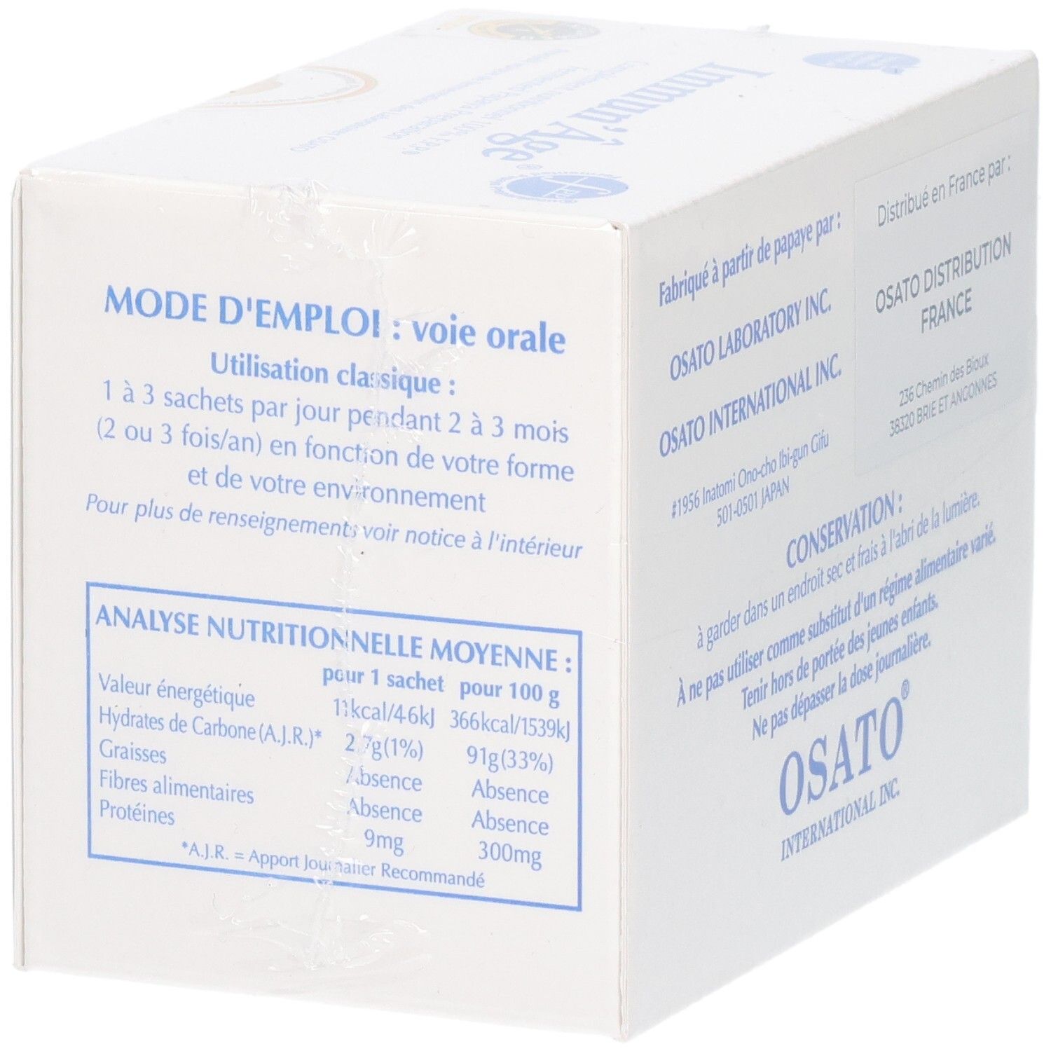 Boîte blanche avec texte. Mode d'emploi: voie orale. Analyse nutritionnelle pour 100 g. Fabricant: OSATO INTERNATIONAL INC. Distribution France.