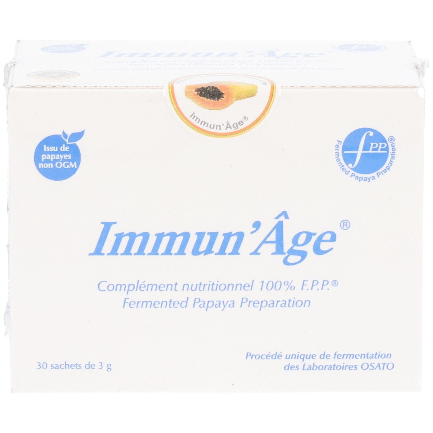 Boîte blanche "Immun'Âge". Contient 30 sachets de 3 g. Inscription: Complément nutritionnel, préparation de papaye fermentée. Logo "fpp".