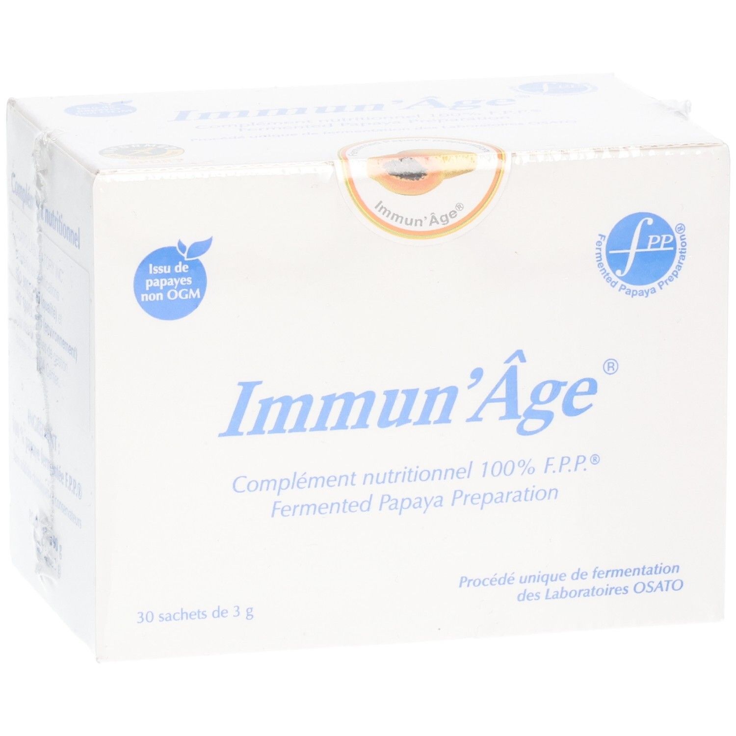 Boîte blanche "Immun'Âge". Inscription: Complément nutritionnel, préparation de papaye fermentée. Logo "fpp".