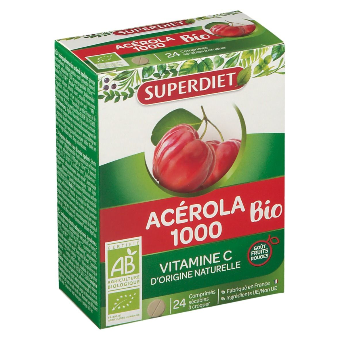 Boîte de SUPERDIET Acérola 1000 Bio. Certification AB. Image de cerises. 24 comprimés. Vitamine C.