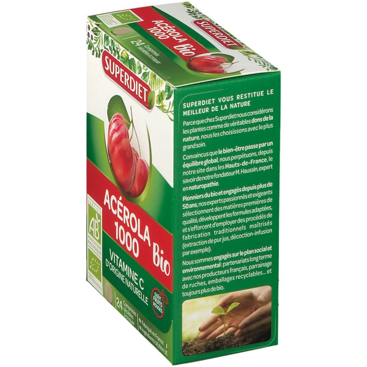 Boîte SUPERDIET Acérola 1000 Bio. Dos avec texte. Certification AB. Image de cerises. 24 comprimés.