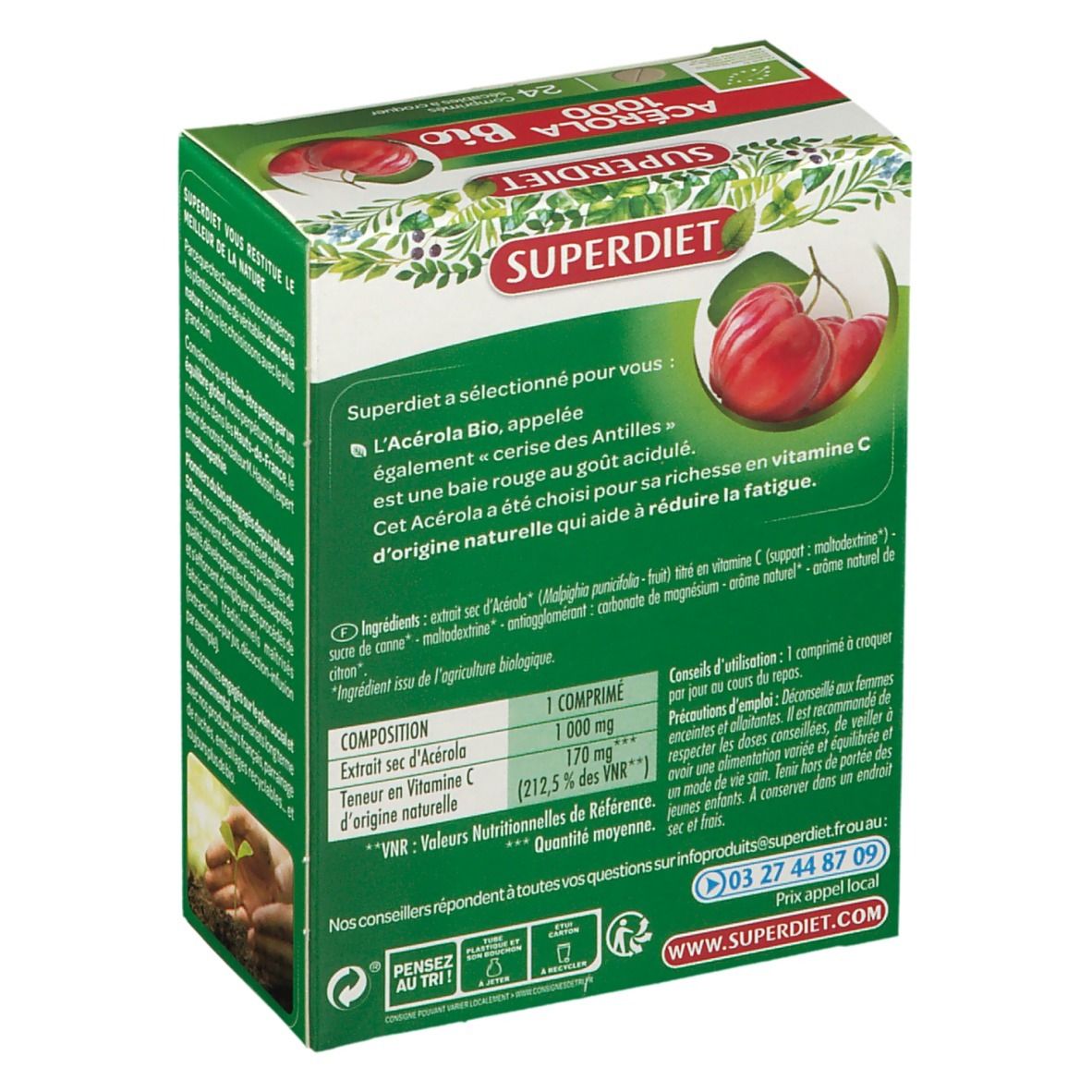 Boîte SUPERDIET Acérola 1000 Bio. Détail des ingrédients. Certification AB. 24 comprimés.