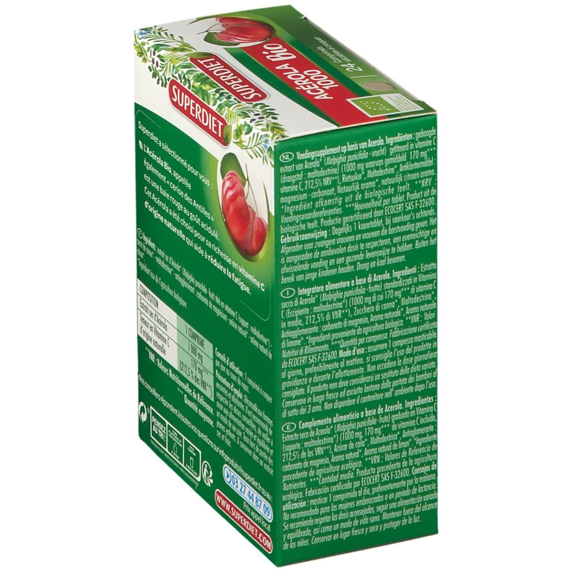 Boîte SUPERDIET Acérola 1000 Bio. Détail des ingrédients. Certification AB. 24 comprimés.