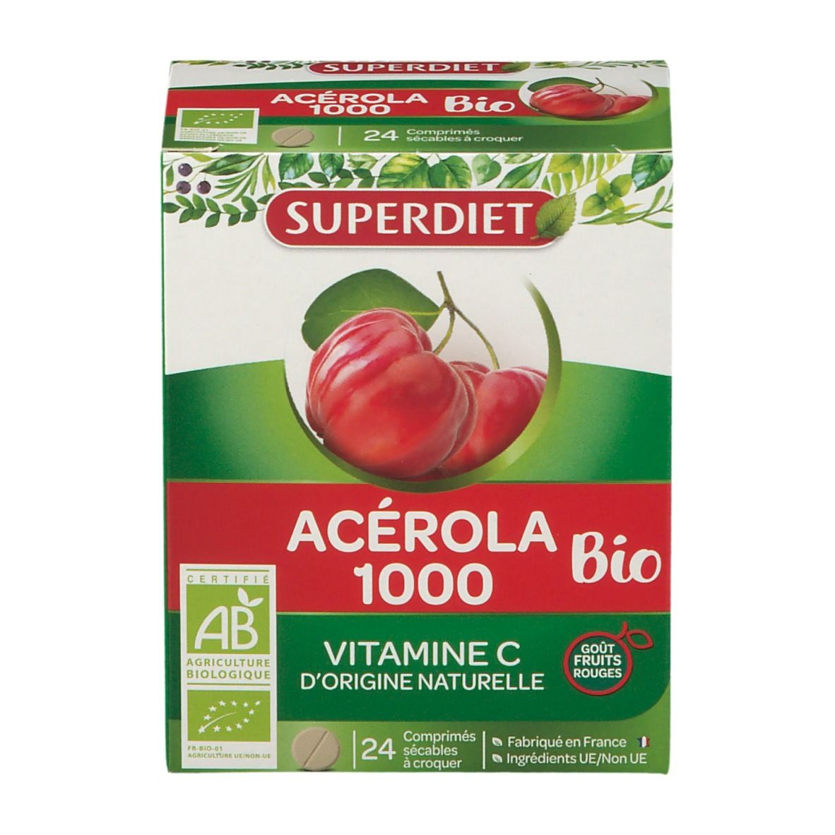 Boîte de SUPERDIET Acérola 1000 Bio. Certification AB. Image de cerises. 24 comprimés. Vitamine C.