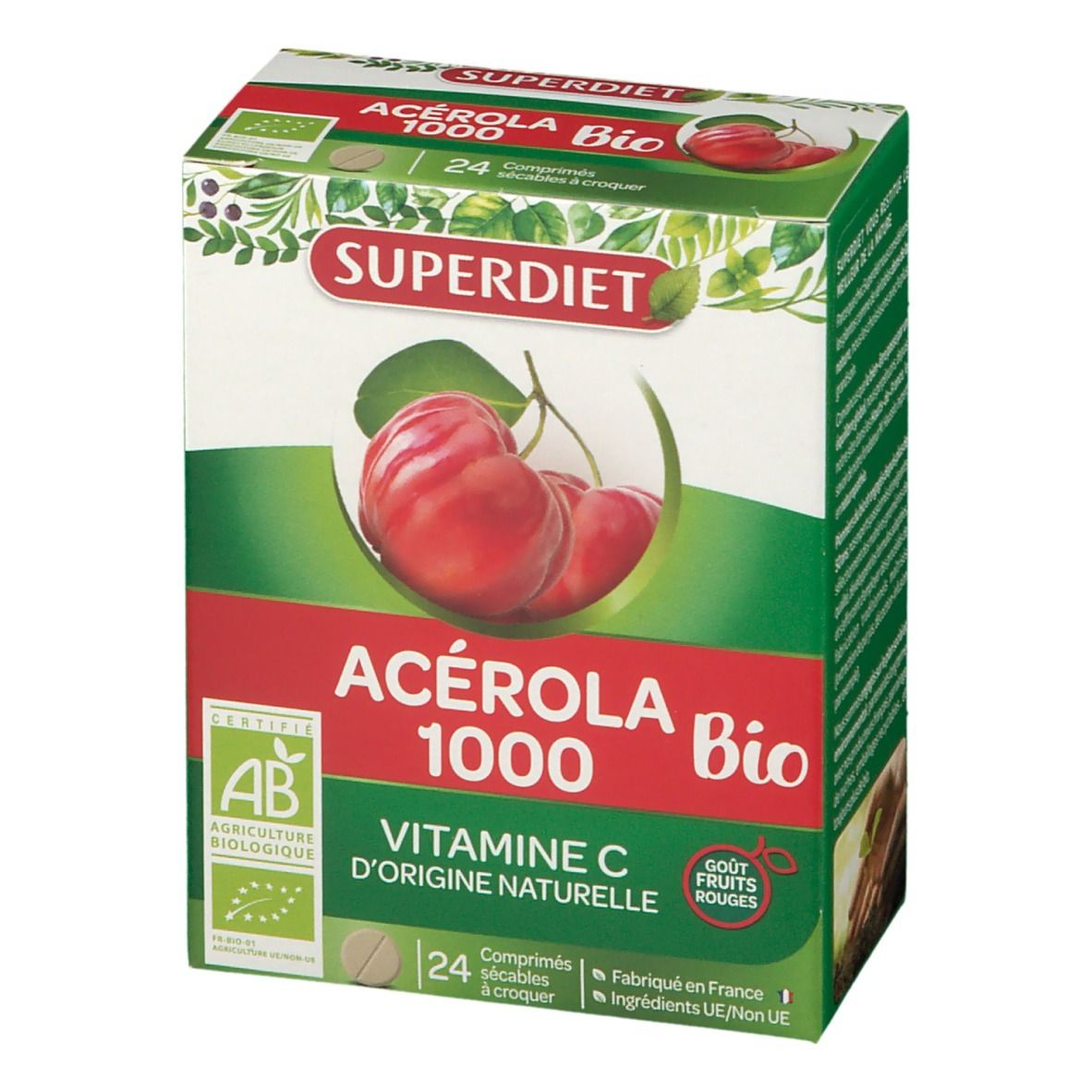 Boîte de SUPERDIET Acérola 1000 Bio. Certification AB. Image de cerises. 24 comprimés. Vitamine C.