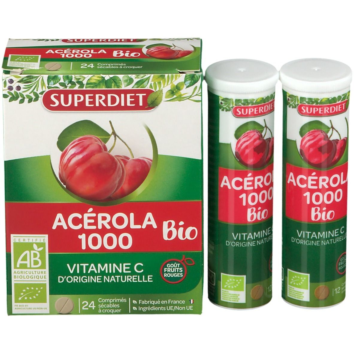 Boîte SUPERDIET Acérola 1000 Bio et deux tubes. Certification AB. Image de cerises. 24 comprimés.
