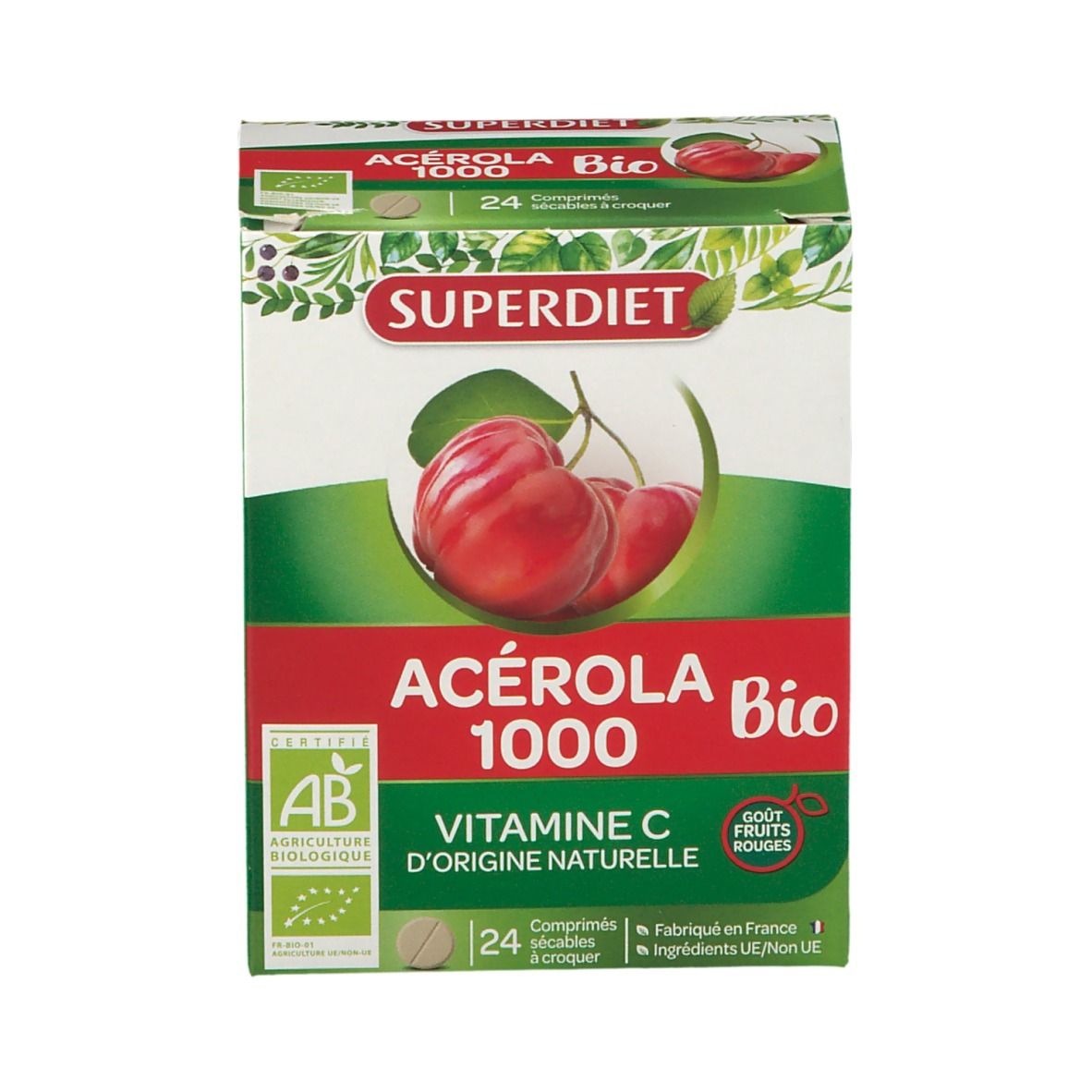 Boîte de SUPERDIET Acérola 1000 Bio. Certification AB. Image de cerises. 24 comprimés. Vitamine C.