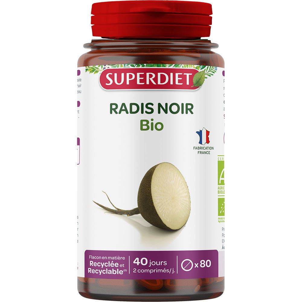 Flacon brun, bouchon rouge. Inscription: SUPERDIET, Radis Noir Bio. Illustration: Radis noir coupé. 80 comprimés.