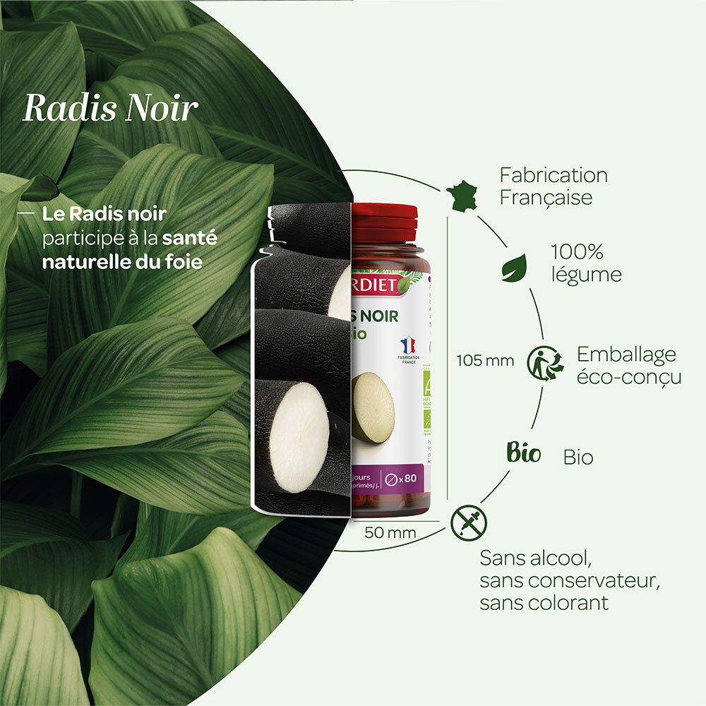 Graphique avec flacon et radis noir. Texte: Radis Noir, Fabriqué en France, 100% légumes, emballage éco, Bio.