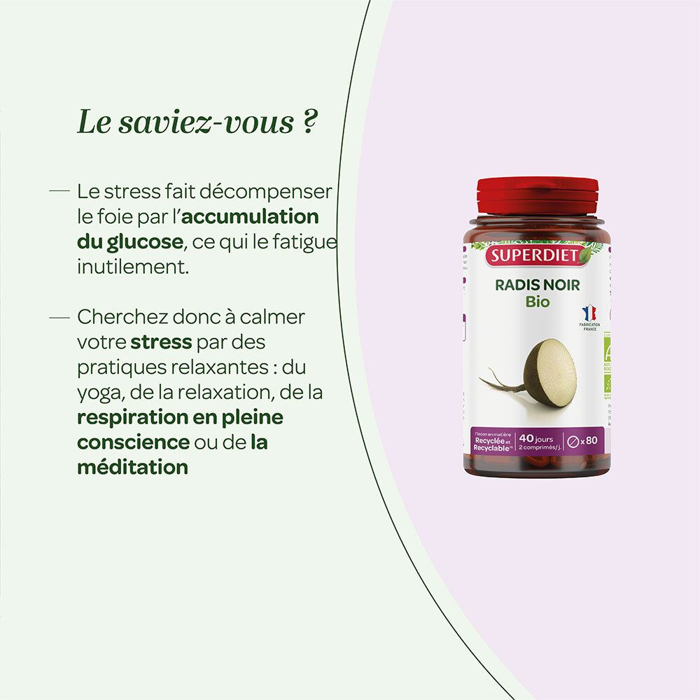 Texte: Le saviez-vous ? Le stress peut nuire au foie. Recommandation: yoga, relaxation, méditation.