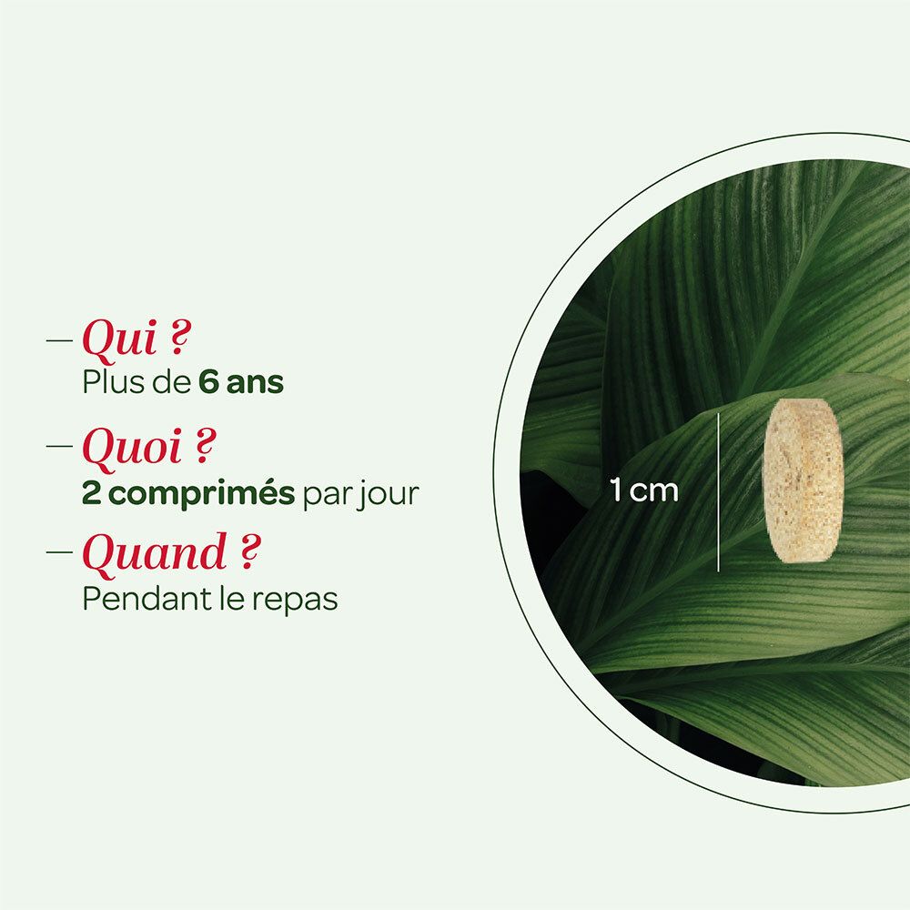 Texte: Qui ? Plus de 6 ans. Quoi ? 2 comprimés par jour. Quand ? Pendant le repas. Comprimé: 1 cm.