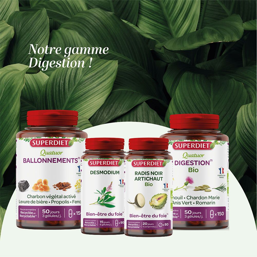 Quatre flacons de produits SUPERDIET. Quatuor Ballonnements, Desmodium, Radis Noir Artichaut Bio, Digestion Bio.