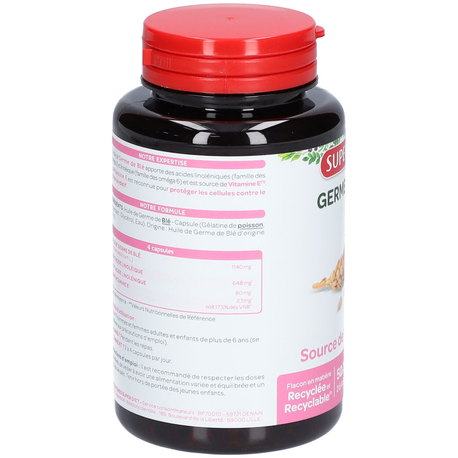Dos du flacon. Texte: Notre Expertise, Notre Formule, 4 capsules. Ingrédients et informations nutritionnelles. Flacon recyclable.