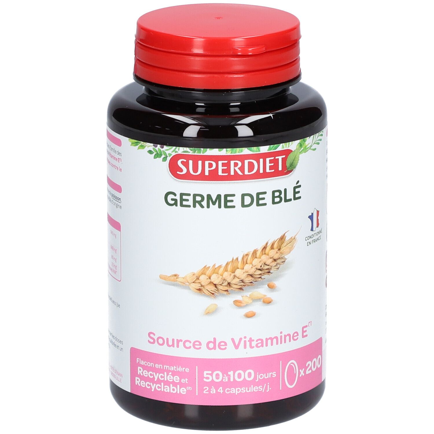 Flacon brun à bouchon rouge. Inscription: SUPER DIET Germe de Blé, Source de Vitamine E. Illustration d'épis de blé.
