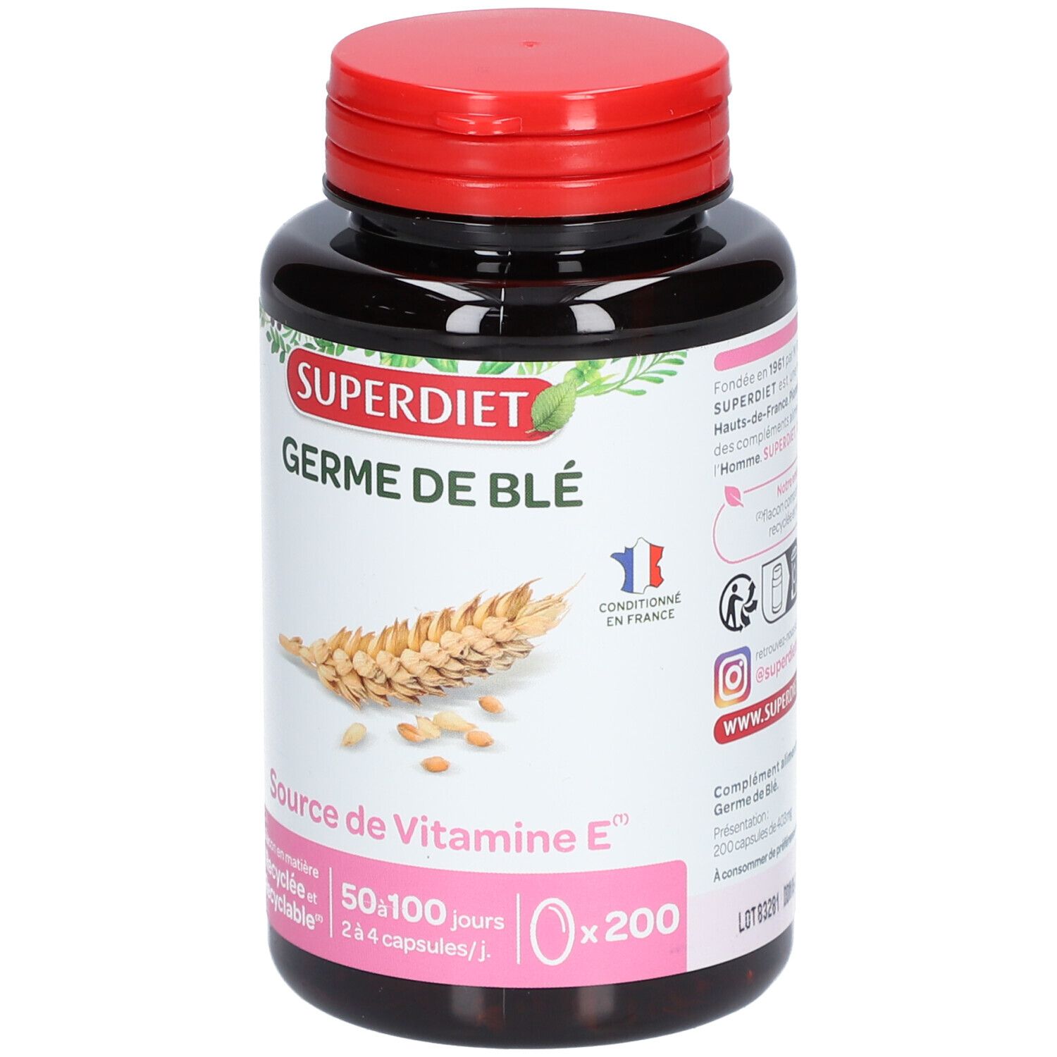 Flacon brun à bouchon rouge. Inscription: SUPER DIET Germe de Blé, Source de Vitamine E. Illustration d'épis de blé.