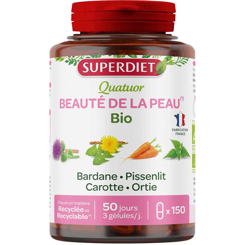 SUPER DIET Quatuor Bio Beauté de la peau Gélules. Flacon marron, bouchon rouge. 150 gélules, 50 jours.