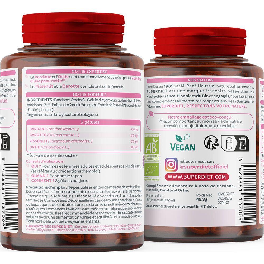 Dos du flacon SUPER DIET Quatuor Bio Beauté de la peau Gélules. Informations, ingrédients, conseils d'utilisation.