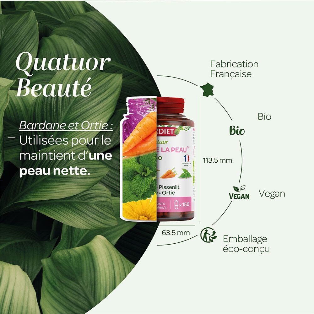 SUPER DIET Quatuor Bio Beauté de la peau Gélules. Flacon avec ingrédients. Dimensions : 63,5 x 113,5 mm. Vegan.