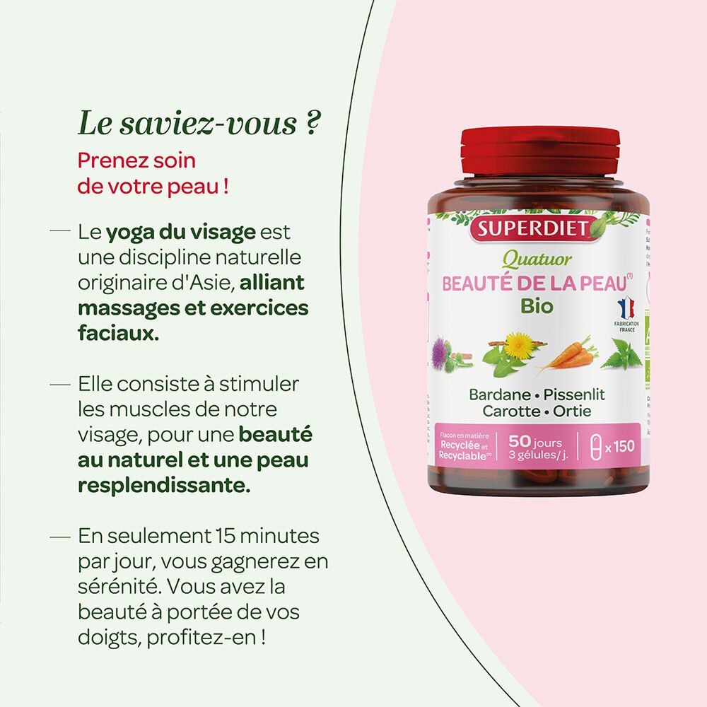 SUPER DIET Quatuor Bio Beauté de la peau Gélules. Flacon bouchon rouge. Texte sur le yoga facial.