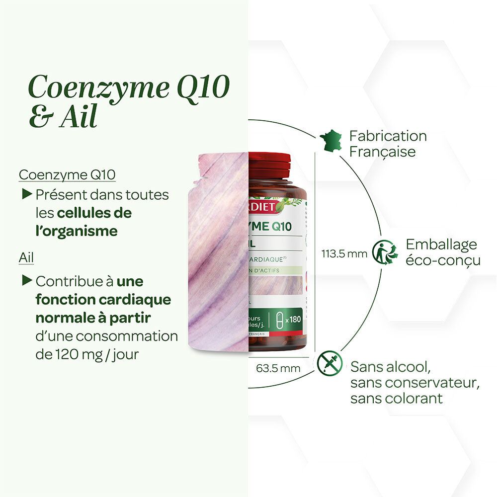 Présentation graphique. Informations produit: Coenzyme Q10 et Ail. Dimensions: 113,5 mm x 63,5 mm. Sans alcool, conservateur, colorant.