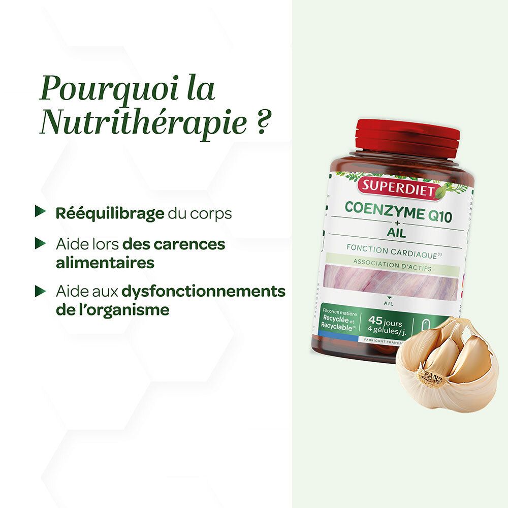 Graphique avec questions sur la nutrithérapie. Flacon SUPERDIET Coenzyme Q10 + Ail. Image de gousses d'ail.