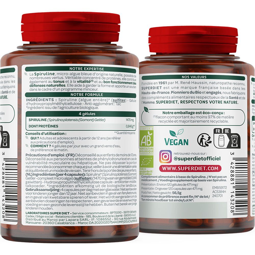 Dos du flacon. Texte : ingrédients, conseils d'utilisation, informations nutritionnelles. Certification Bio, logo Vegan.