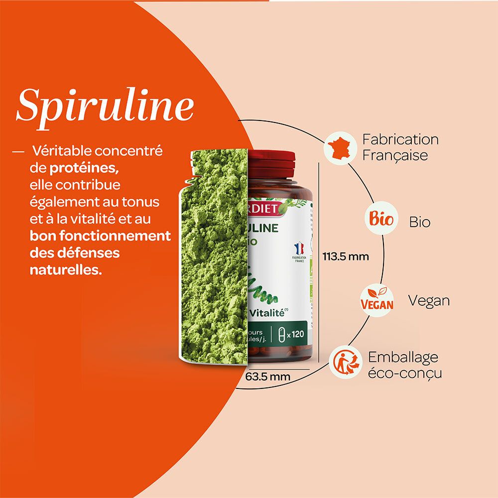 Graphique avec flacon et poudre de spiruline. Texte : Spiruline, concentré de protéines. Certification Bio, logo Vegan.