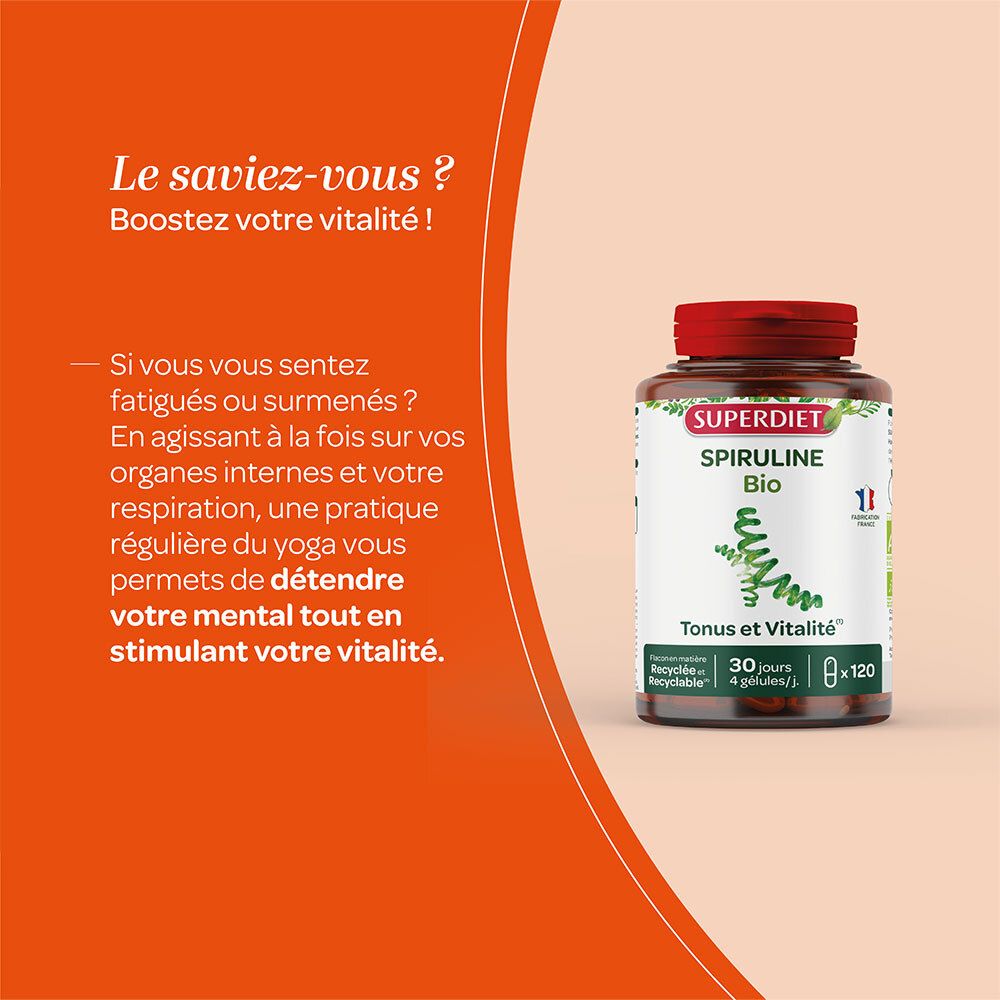 Flacon SPIRULINE Bio sur fond orange. Texte : Boostez votre vitalité ! 120 gélules.