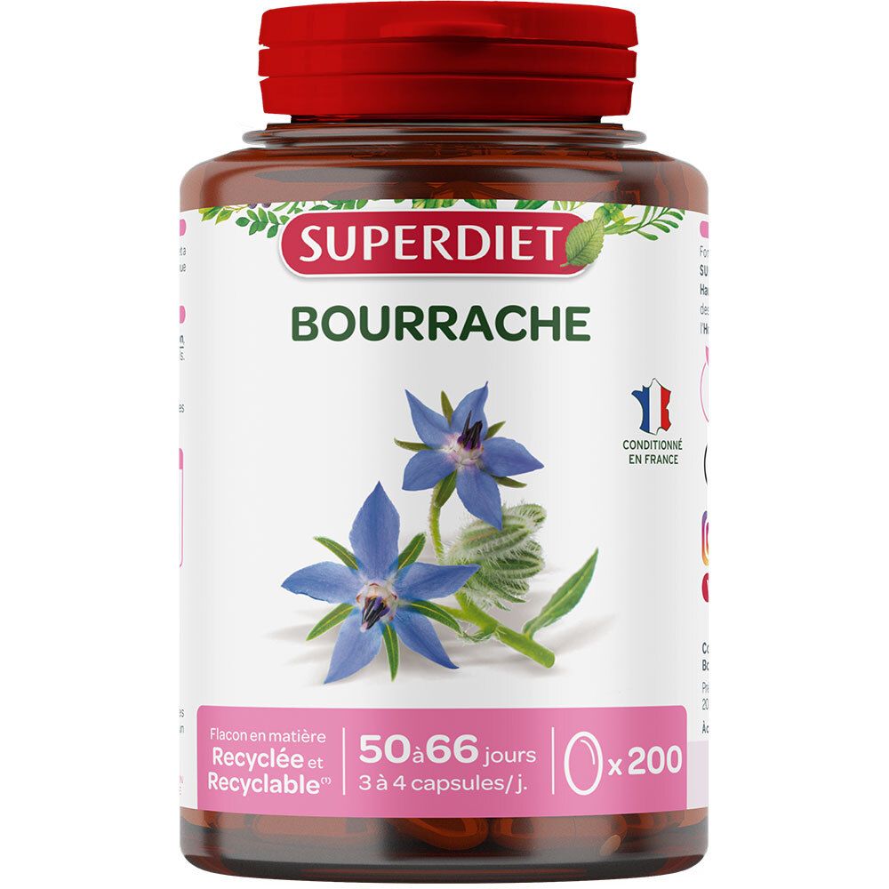 Flacon marron, bouchon rouge. Étiquette SUPERDIET BOURRACHE, fleurs bleues. 200 gélules, 50-66 jours.