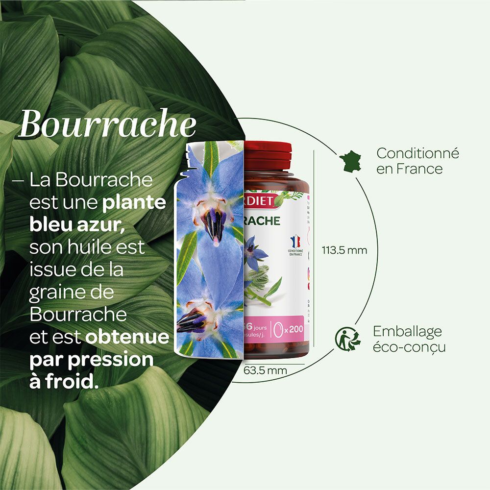 Flacon SUPERDIET BOURRACHE, fleurs bleues, texte sur la plante. Dimensions: 113,5 x 63,5 mm. Emballage éco-conçu.
