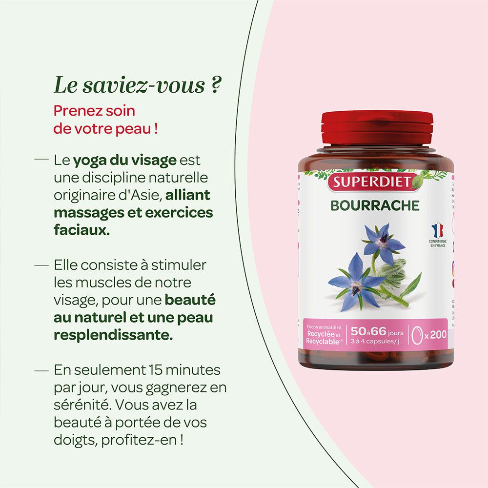 Flacon SUPERDIET BOURRACHE à côté de texte sur le yoga facial. 200 gélules, 50-66 jours. Flacon recyclé.