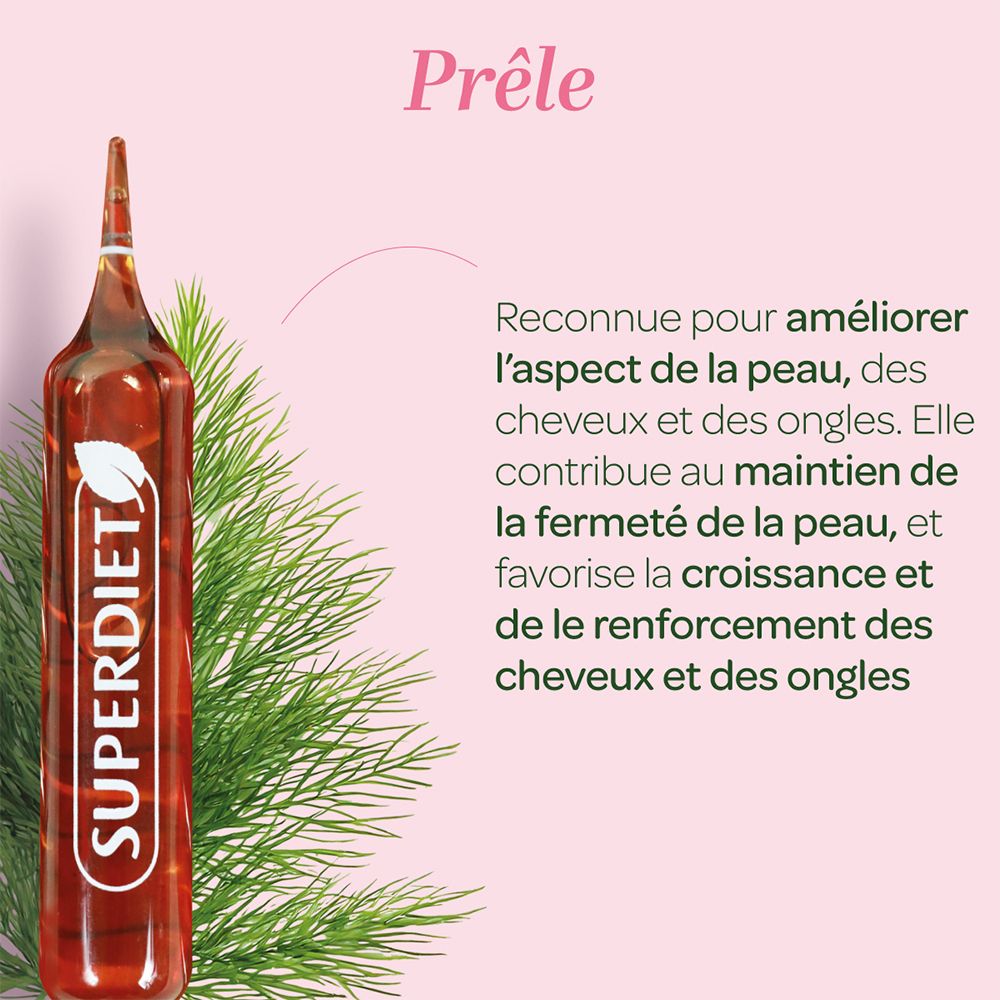 Ampoule avec logo SUPERDIET. Texte : Prêle. Aide à améliorer l'aspect de la peau, des cheveux et des ongles.