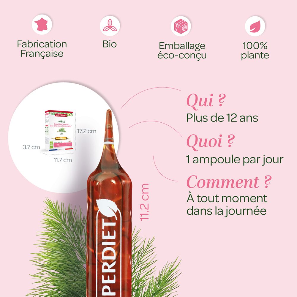 Ampoule et emballage. Texte : SUPERDIET, Prêle, Bio. Dimensions : 17,2 cm de haut, 11,7 cm de large, 3,7 cm de profondeur. 1 ampoule par jour.