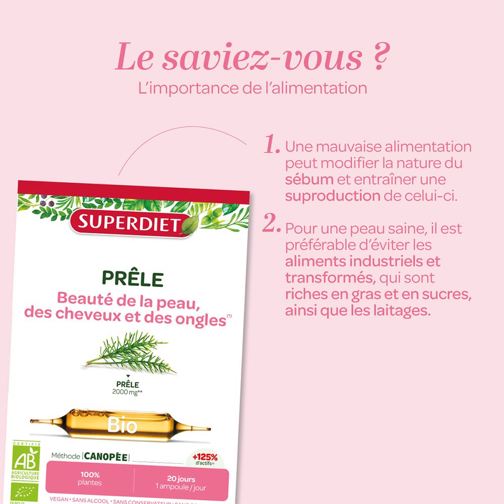 Emballage SUPERDIET Prêle. Texte : Prêle, Bio, 2000 mg. Label AB Bio. 100% plantes. 20 jours, 1 ampoule/jour. Vegan, sans alcool, conservateurs.