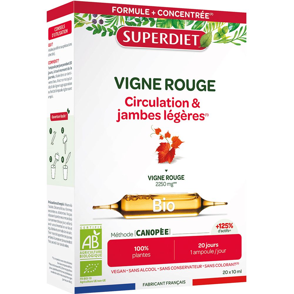 Boîte de VIGNE ROUGE BIO ampoules. Contient 20 ampoules de 10 ml. Certification AB bio. Inscription: Circulation & jambes légères.
