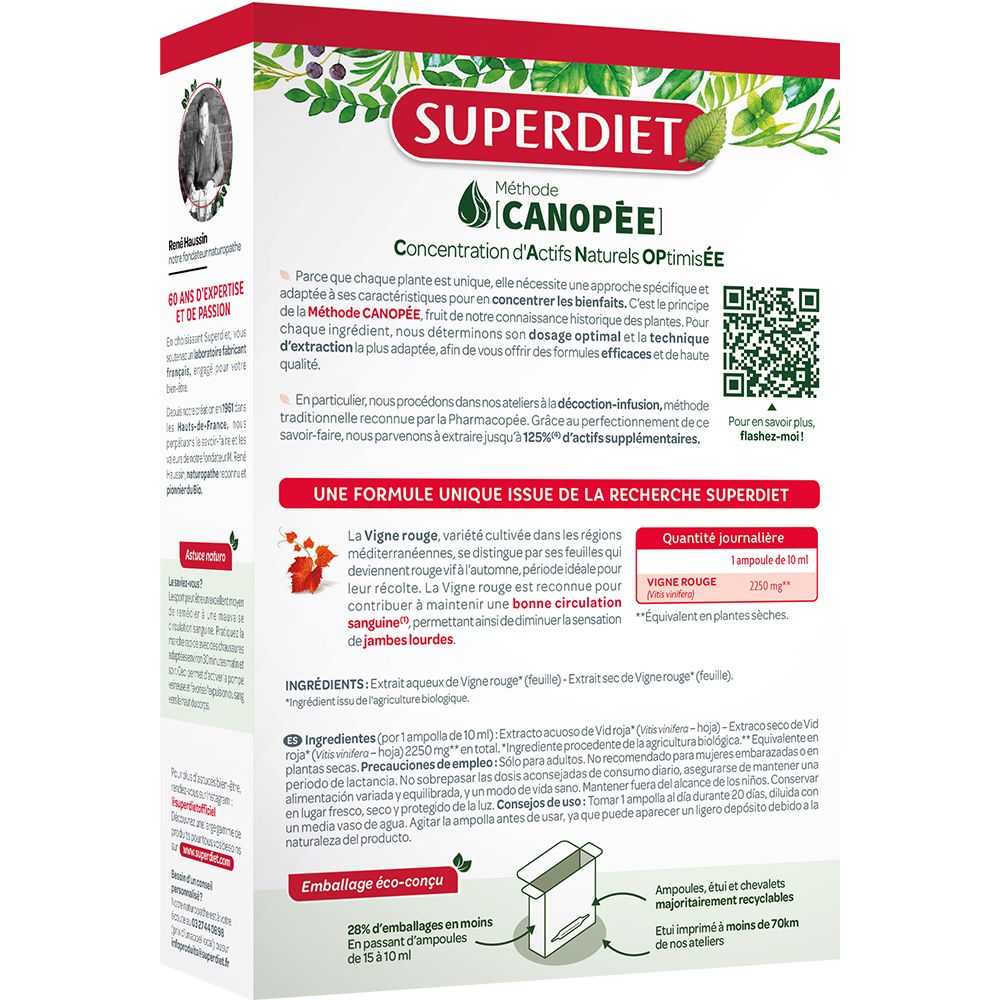 Dos de l'emballage VIGNE ROUGE BIO. Texte sur les ingrédients et la méthode CANOPÉE. Emballage éco. Code QR.