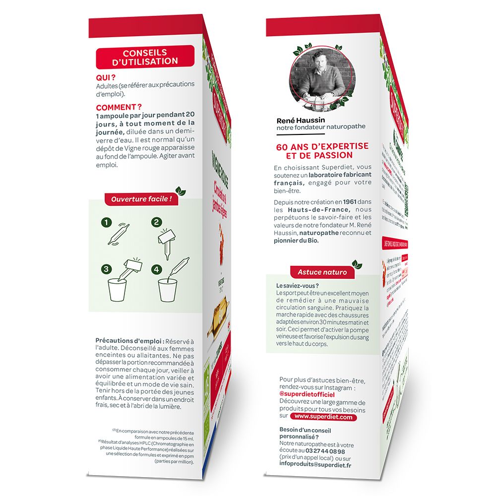 Vue latérale de l'emballage VIGNE ROUGE BIO. Instructions d'utilisation. Informations sur le fondateur René Haussin.