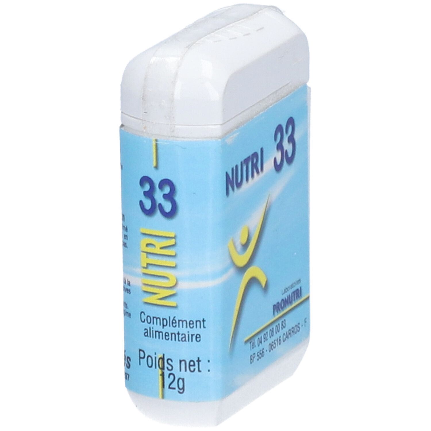 Boîte blanche avec étiquette bleue. Inscription: NUTRI 33. Complément alimentaire. Poids net: 12g.
