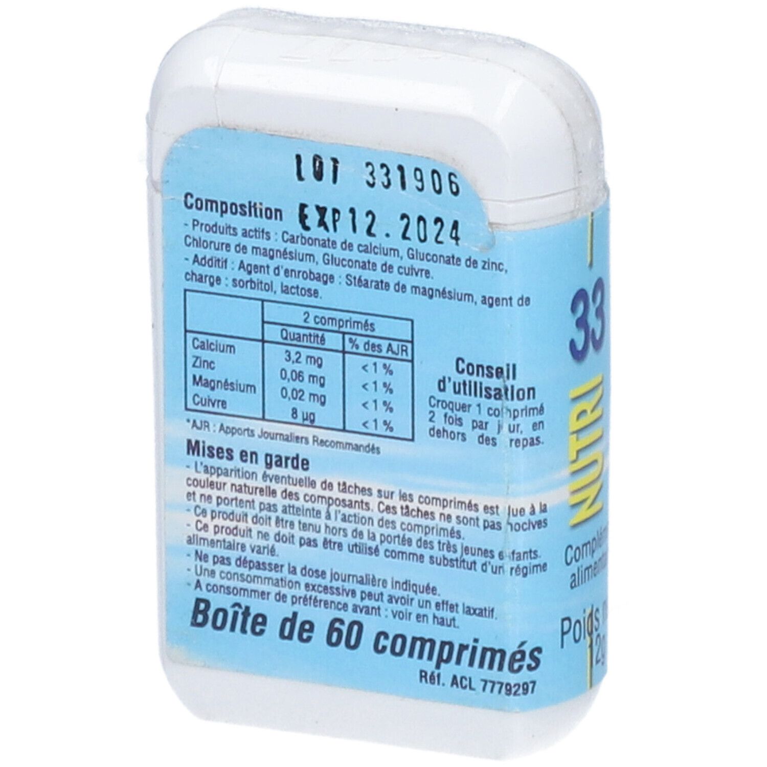 Dos de la boîte blanche. Inscription: Composition, EXP12.2024. Contient tableau des ingrédients et conseils d'utilisation.