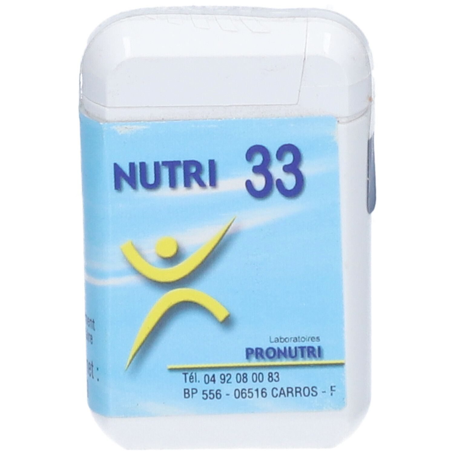 Boîte blanche avec étiquette bleue. Inscription: NUTRI 33. Logo jaune. Fabricant: Laboratoires Pronutri.